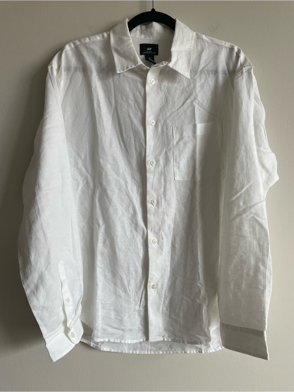 H&M linen blend white button up shirt summer lightweight vacation resortwear S